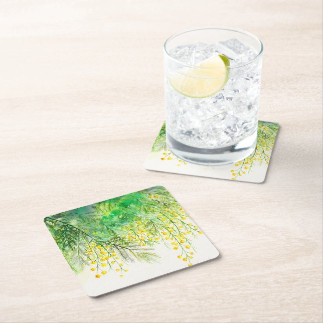 Dessous-de-verre Carré En Papier Peinture à l'aquarelle jaune brillant Mimosa (En situation)