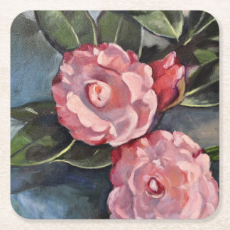 Dessous-de-verre Carré En Papier Peinture à l'huile de deux Camellias roses