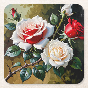 Dessous-de-verre Carré En Papier Peinture à l'huile de roses roses blanches rouges 