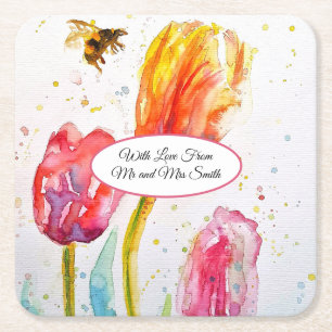 Dessous-de-verre Carré En Papier Peinture aquarelle mariage tulipe rouge rose et ab