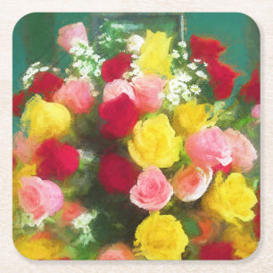 Dessous-de-verre Carré En Papier Peinture Bouquet Rose - Jolie Art Fleur Originale