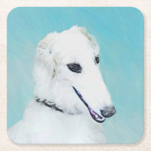 Dessous-de-verre Carré En Papier Peinture de Borzoi (Blanc) - Joli Chien d'origine