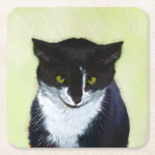 Dessous-de-verre Carré En Papier Peinture de chat Tuxedo - Cute Original Cat Art