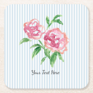 Dessous-de-verre Carré En Papier Peinture de fleurs de pivoines roses personnalisée