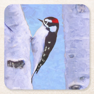 Dessous-de-verre Carré En Papier Peinture Downy Woodpecker - Art original pour oise
