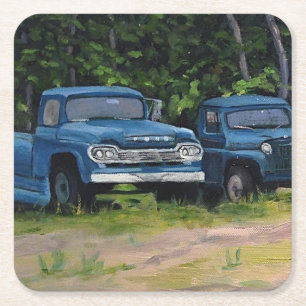 Dessous-de-verre Carré En Papier Peinture originale à l'huile de deux camions Vint