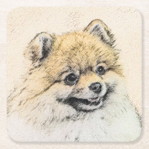 Dessous-de-verre Carré En Papier Peinture Poméranienne (orange) - Art Chien origina