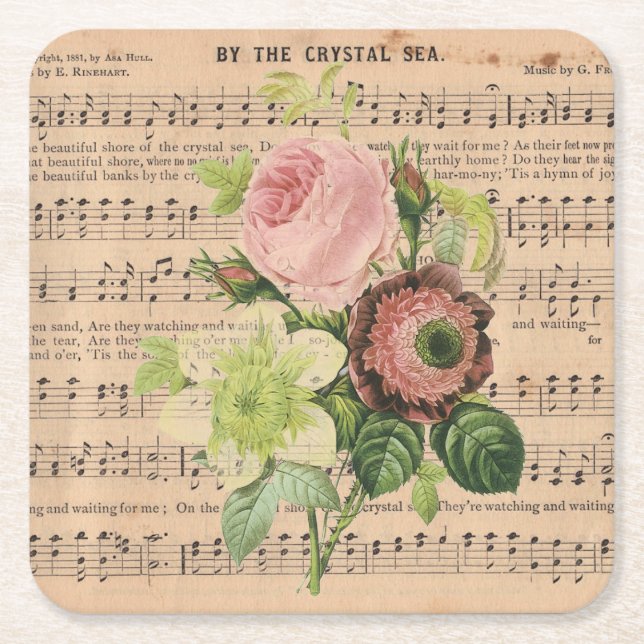 Dessous-de-verre Carré En Papier Peonies vintages et Partitions (Devant)