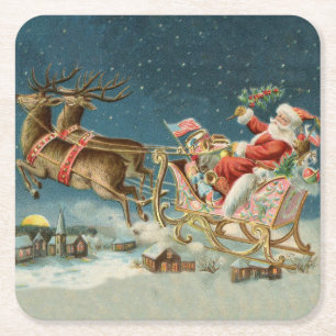 Dessous-de-verre Carré En Papier Père Noël Antique Sleigh Reindeer