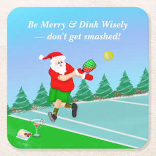 Dessous-de-verre Carré En Papier Père Noël drôle jouant au Pickleball Merry Volley 