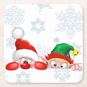 Dessous-de-verre Carré En Papier Père Noël et Elf Cute et drôle Caractères Pékin