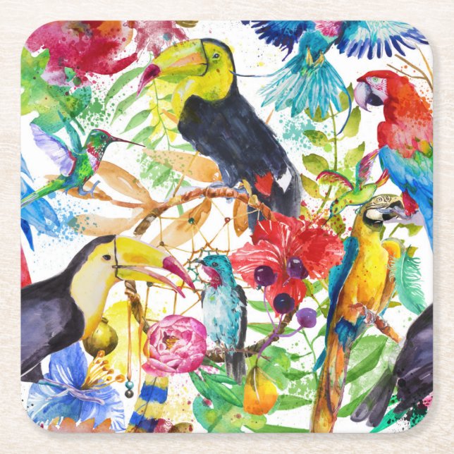 Dessous-de-verre Carré En Papier Perroquets colorés 2 d'aquarelle (Devant)
