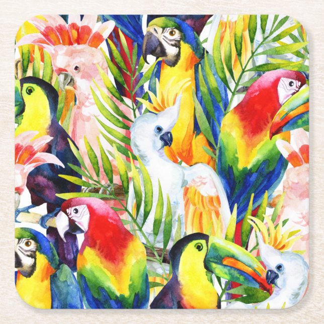 Dessous-de-verre Carré En Papier Perroquets et palmettes (Devant)