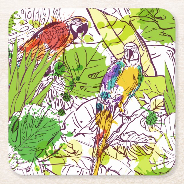 Dessous-de-verre Carré En Papier Perroquets tropicaux (Devant)