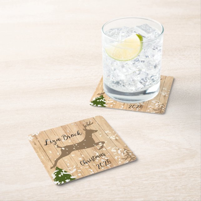 Dessous-de-verre Carré En Papier Personalized doe Christmas bauble wooden backgroun (En situation)
