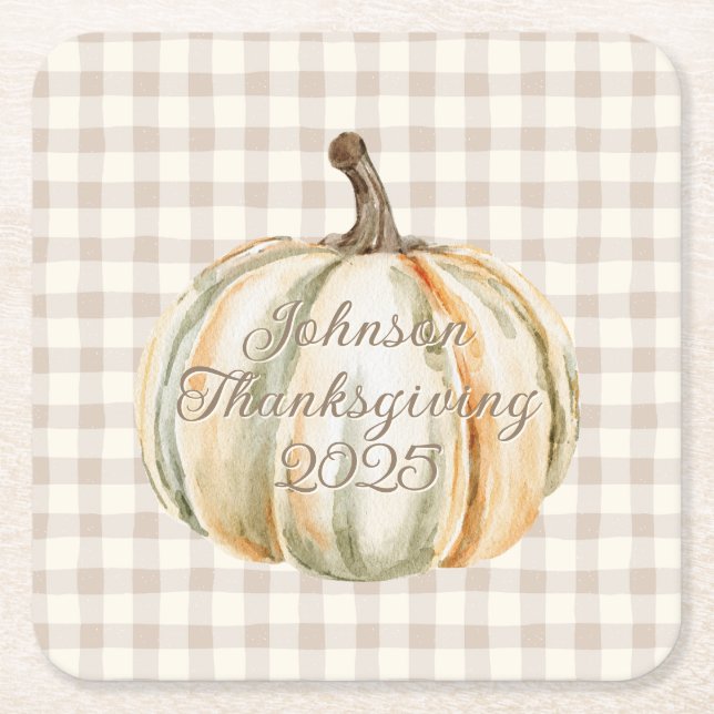 Dessous-de-verre Carré En Papier Personalized Family Thanksgiving Neutral Gingham  (Devant)