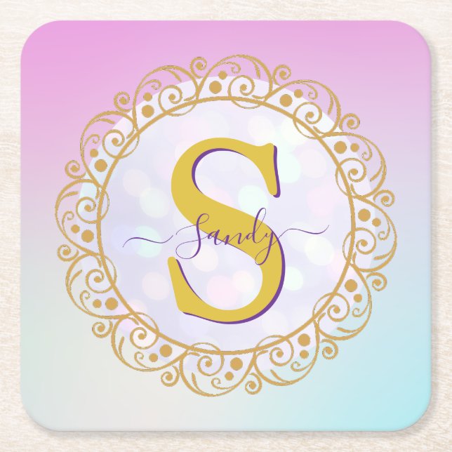 Dessous-de-verre Carré En Papier Personalized Monogram Mandala Gold and Blue (Devant)