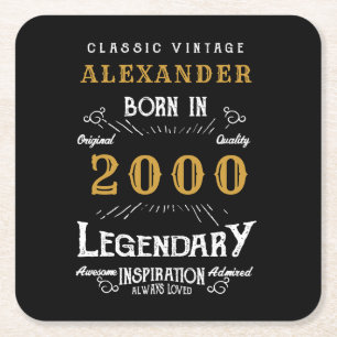 Dessous-de-verre Carré En Papier Personnalisé 21e anniversaire Né 2000 Vintage Noir