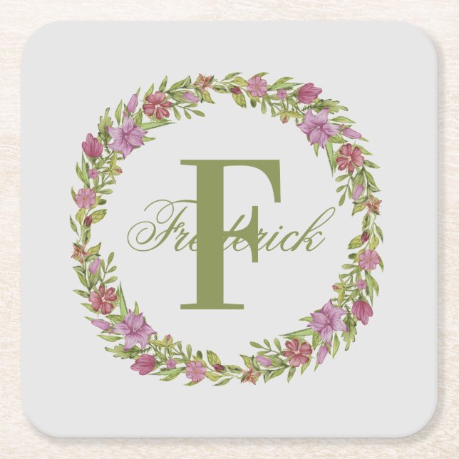 Dessous-de-verre Carré En Papier Personnalisé rose vert Floral Nom Monogramme (Devant)