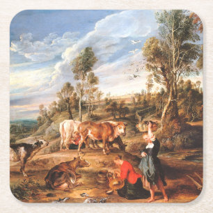 Dessous-de-verre Carré En Papier Peter Paul Rubens Milkmaips avec du bétail sur une