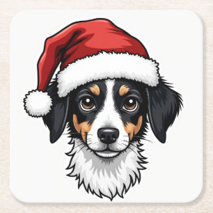 Dessous-de-verre Carré En Papier Petit chien de Noël avec chapeau de Père Noël