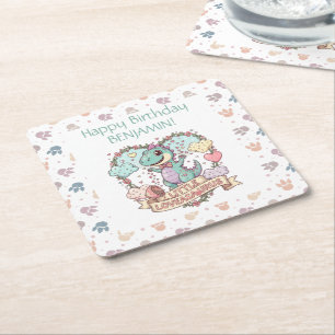 Dessous-de-verre Carré En Papier Petit Dino Anniversaire Personnalisé