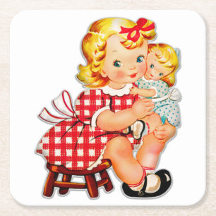 Dessous-de-verre Carré En Papier Petite fille rétro vintage poupée enfant