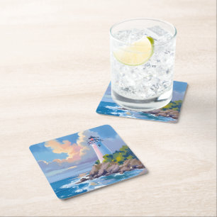 Dessous-de-verre Carré En Papier Phare côtier Vagues de mer océan bleu
