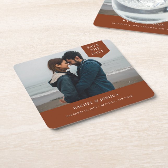 Dessous-de-verre Carré En Papier Photo Balise Simple Enregistrer La Date (Incliné)