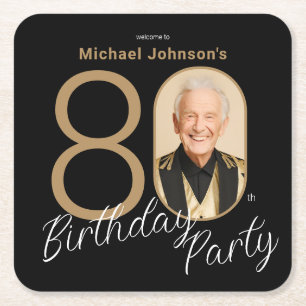 Dessous-de-verre Carré En Papier Photo Black Gold Elegant Custom 80e anniversaire