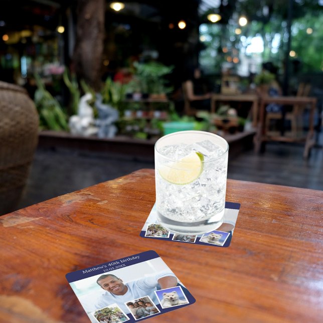 Dessous-de-verre Carré En Papier Photo collage marine bleu fête d'anniversaire (Créateur téléchargé)