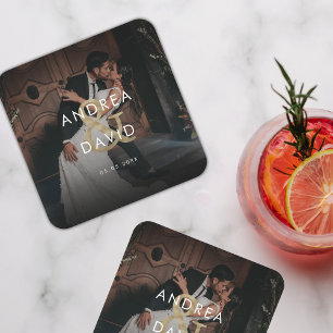 Dessous-de-verre Carré En Papier Photo de fond foncé & Monogramme Élégant Mariage n