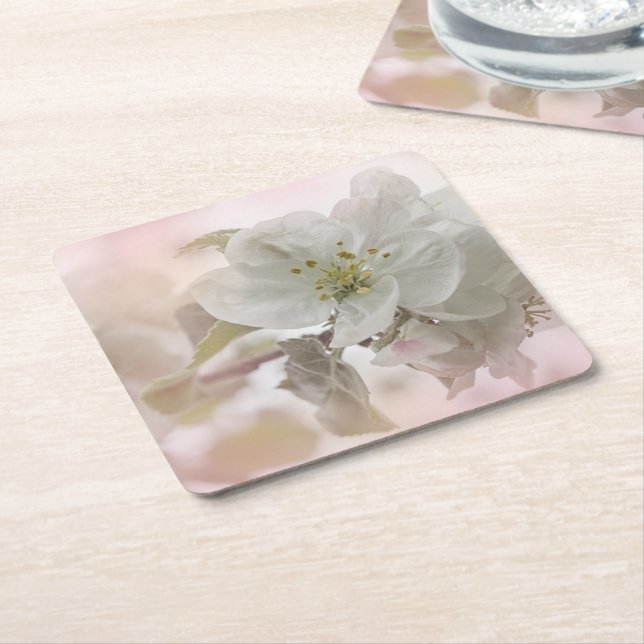 Dessous-de-verre Carré En Papier Photo en fleurs de pomme blanche (Incliné)