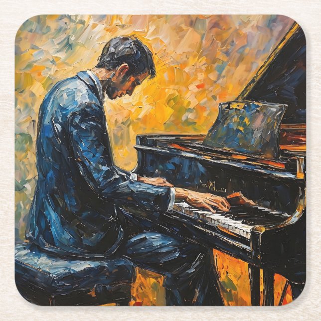 Dessous-de-verre Carré En Papier Piano Player - Peinture à l'huile (Devant)