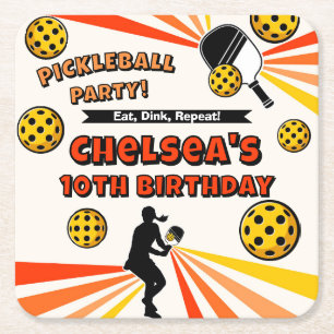 Dessous-de-verre Carré En Papier Pickleball Girls Anniversaire Fête Retro Lecteur