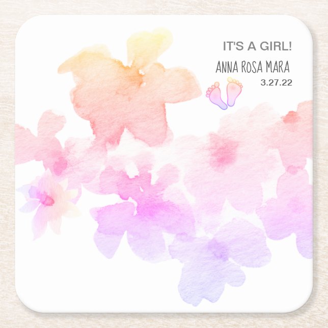 Dessous-de-verre Carré En Papier *~* Pieds d'aquarelle rose Baby shower (Devant)