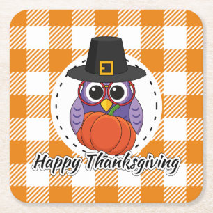 Dessous-de-verre Carré En Papier Pilgrim owl on Orange Plaid - Happy Thanksgiving
