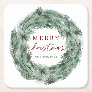 Dessous-de-verre Carré En Papier Pine Wreath Green & Red Joyeux Noël