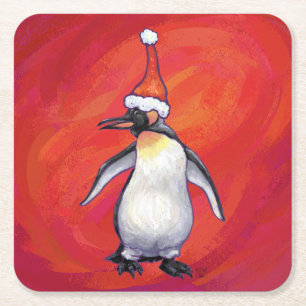 Dessous-de-verre Carré En Papier Pingouin à Santa Hat en rouge