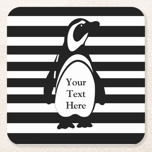 Dessous-de-verre Carré En Papier Pingouin et bandes texte personnalisé (Devant)