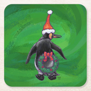 Dessous-de-verre Carré En Papier Pingouin Festif sur Vert
