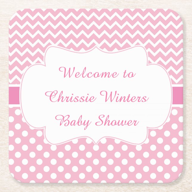 Dessous-de-verre Carré En Papier Pink Chevron & White Baby shower Pois (Devant)