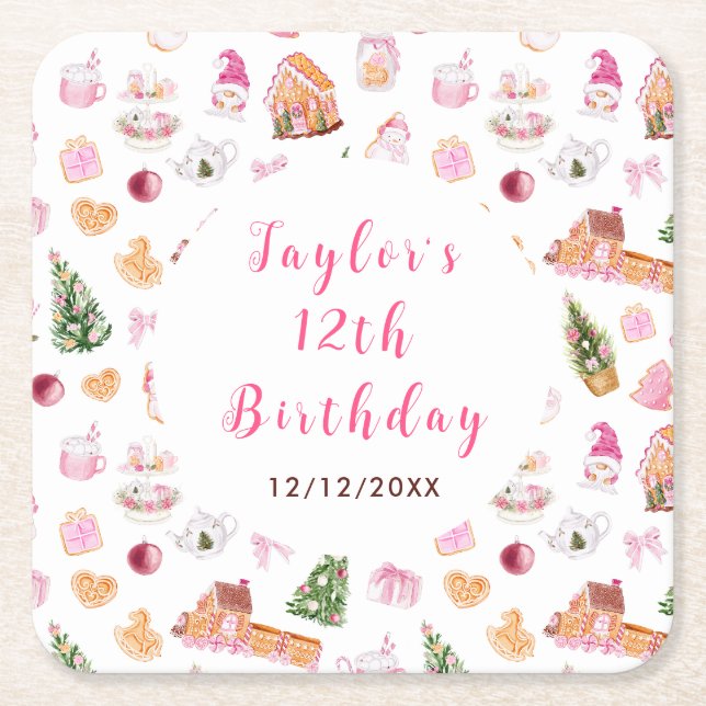 Dessous-de-verre Carré En Papier Pink Gingerbread House Birthday Party (Devant)