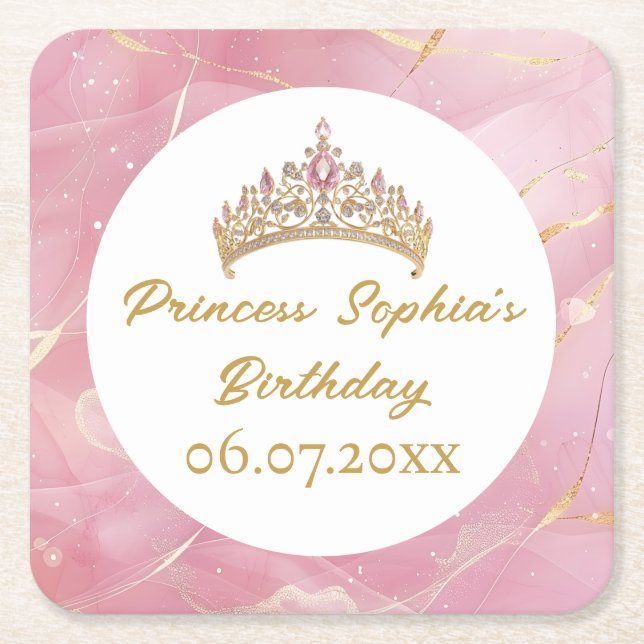 Dessous-de-verre Carré En Papier Pink Gold Fairytale Princess Crown (Devant)