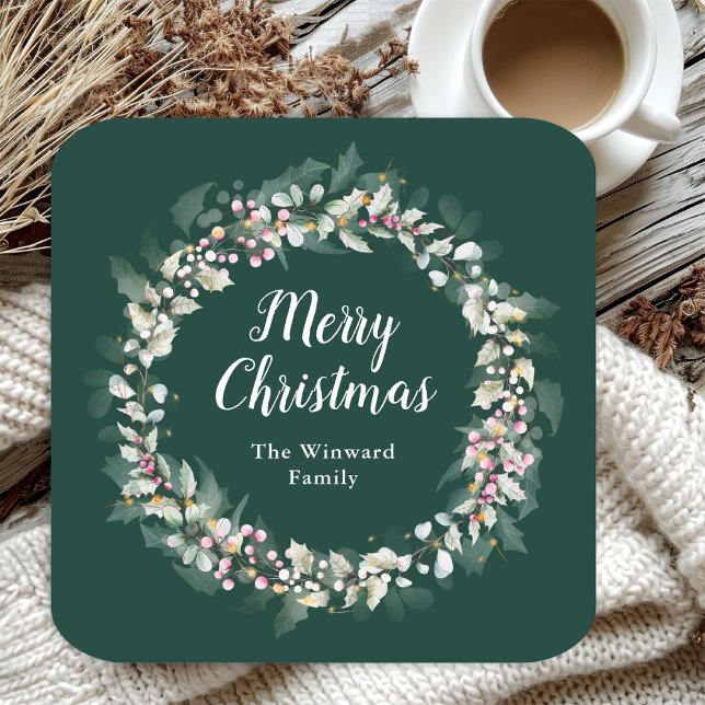 Dessous-de-verre Carré En Papier Pink Holly Wreath Joyeux Noël (Créateur téléchargé)