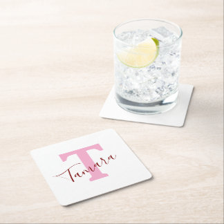 Dessous-de-verre Carré En Papier Pink Monogram Paper Coaster | Custom Name