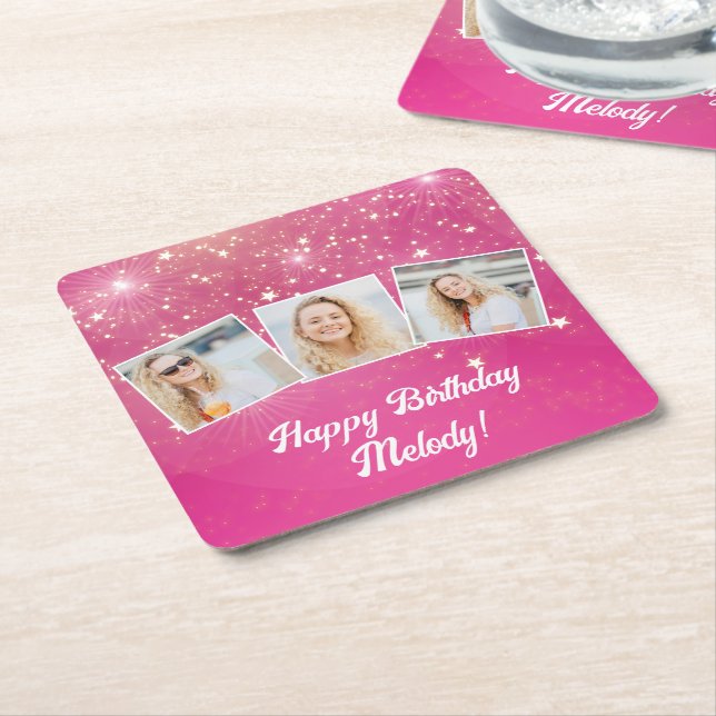 Dessous-de-verre Carré En Papier Pink Sparkle Photo Collage Filles Anniversaire (Incliné)