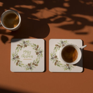 Dessous-de-verre Carré En Papier Pins floraux verts Courbe de Noël 2