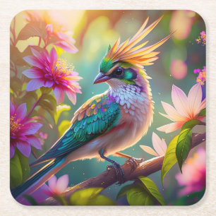 Dessous-de-verre Carré En Papier Pinson à tête verte à crête dorée oiseau de fantai
