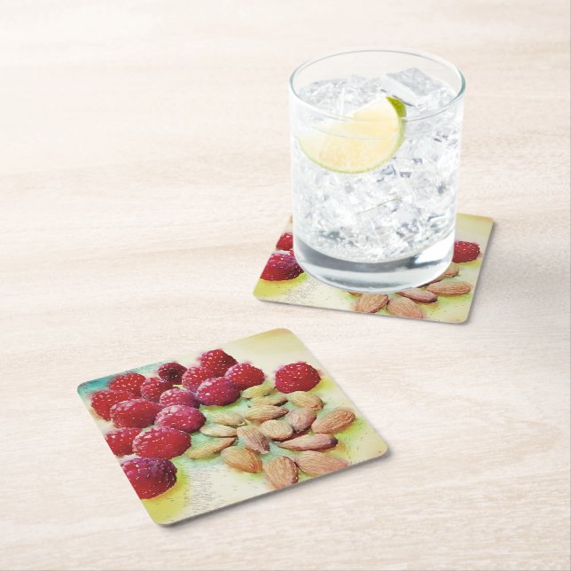Dessous-de-verre Carré En Papier Pique-nique Snack Framboises amandes Aquarelle (En situation)